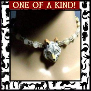Grey Wolf & Onyx Stone Hemp Necklace #203